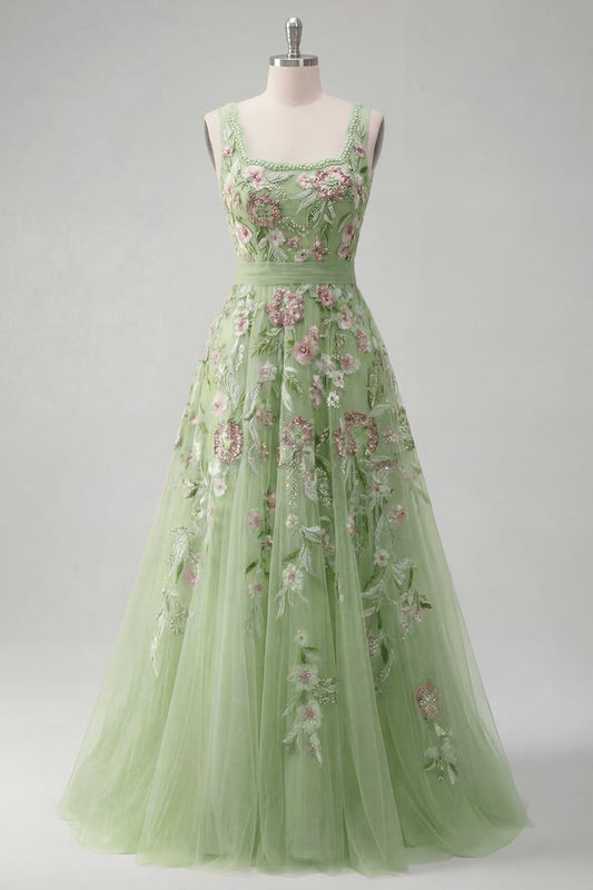 Square Neck Green Floral A Line Appliqued Prom Dress