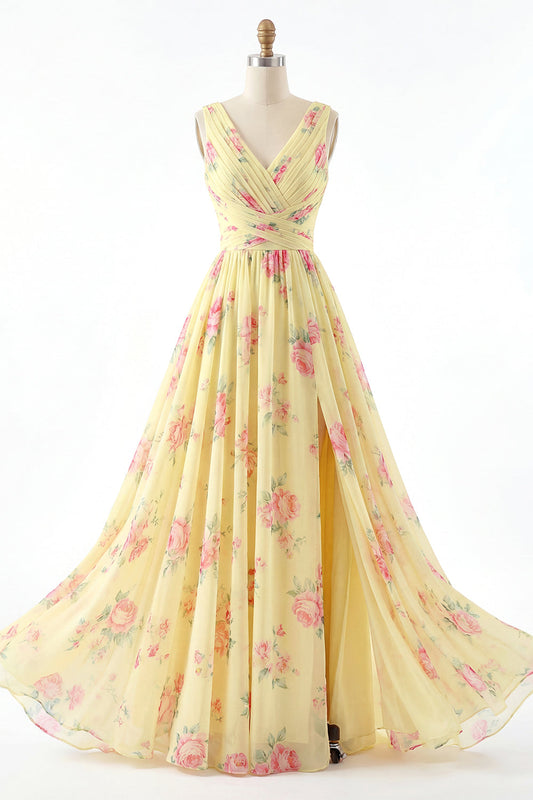 Yellow V-Neck Ruched A Line Floral Prom Dress with Slit