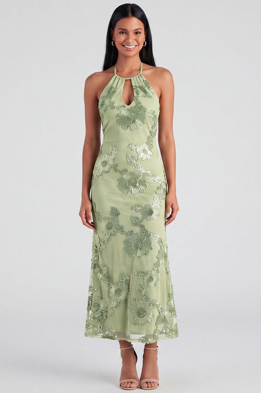 Robe mi-longue sirène sans manches à broderies florales Sage