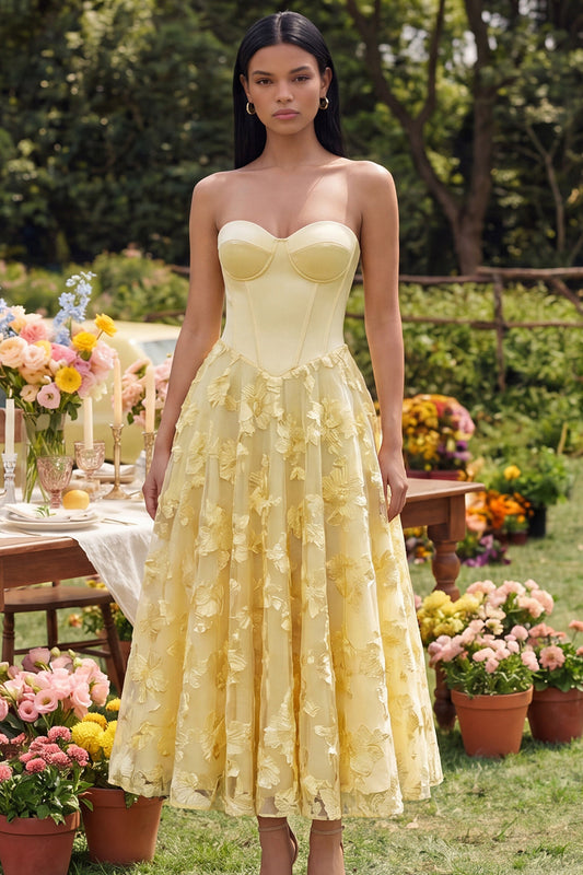 Strapless Yellow Floral A Line Midi Dress