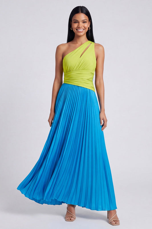A-Line Green and Blue One Shoulder Pleated Ruched Maxi Dress