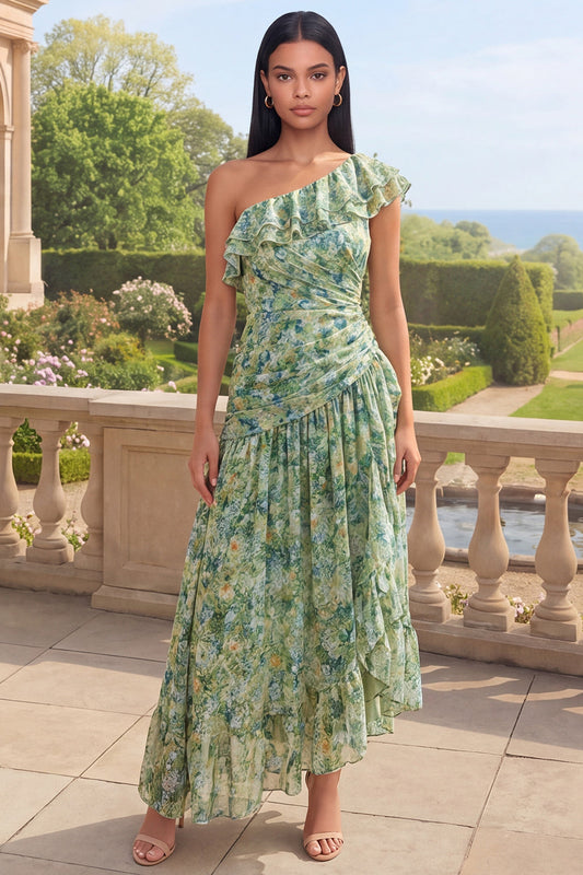 Robe longue asymétrique fleurie à volants vert poussière à une épaule et coupe trapèze