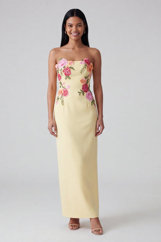 Light Yellow Strapless Sheath Long Floral Dress
