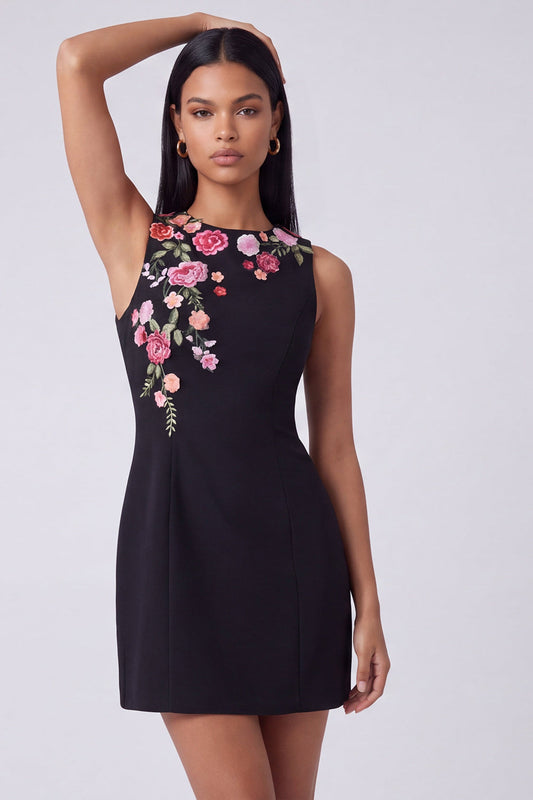 Black Round Neck Bodycon Mini Floral Dress