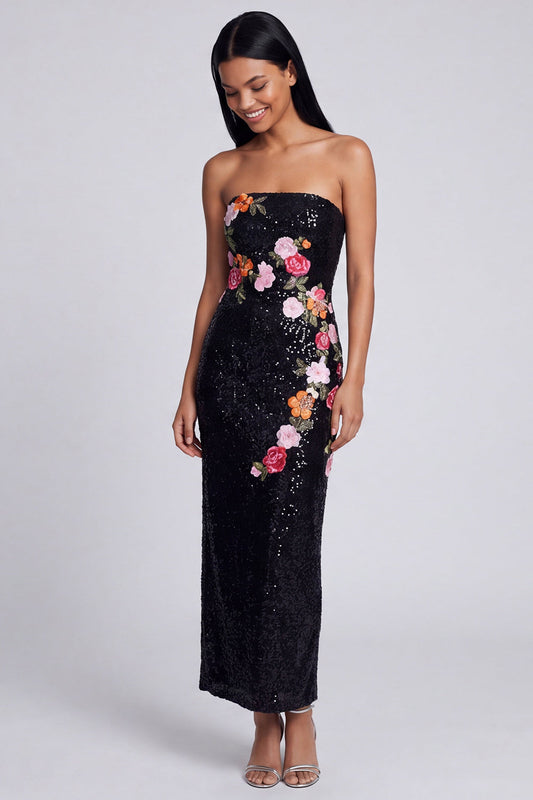 Sparkly Black Strapless Sheath Long Floral Sequined Dress
