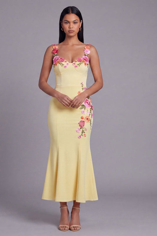 Light Yellow Mermaid Long Floral Dress with Appliques