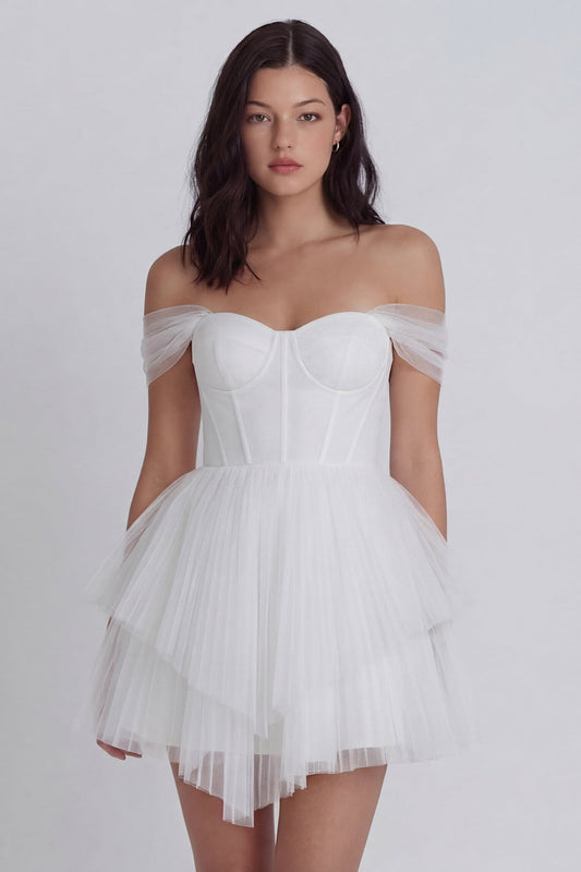 Off-the-Shoulder Corset A-Line Tulle Little White Dress