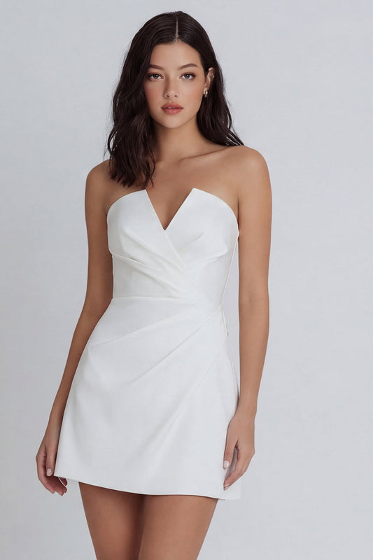 A-Line Strapless Ruched Little White Dress