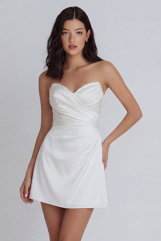 A-Line Sweetheart Ivory Ruched Satin Mini Dress
