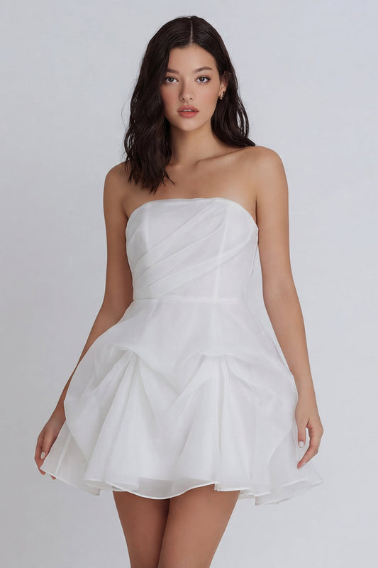 A-Line Tulle Strapless Ivory Ruched Mini Dress with Bow