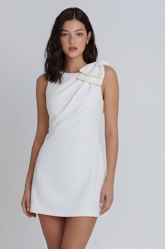 Ivory Bodycon Round Neck Ruched Mini Dress with Bow
