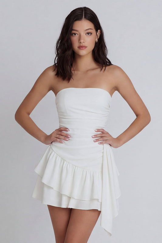 Vestido de fiesta sin tirantes con pliegues, línea A, color marfil, con volantes