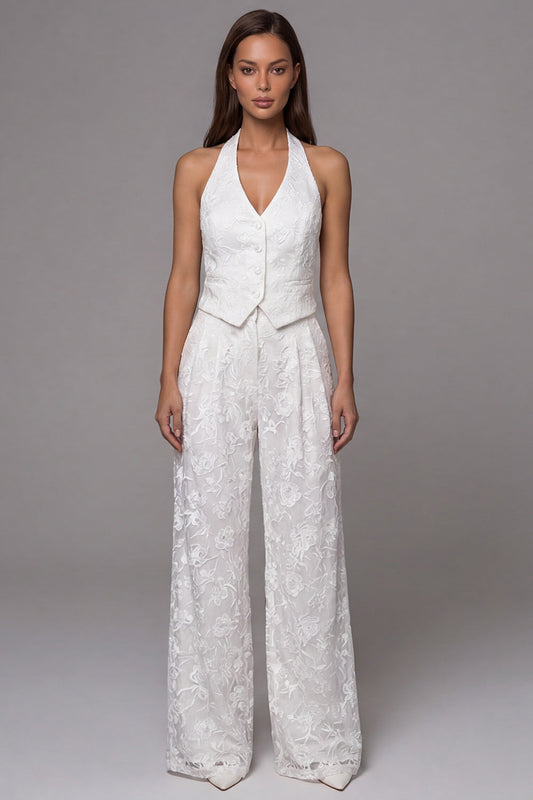 Ivory Halter Lace Embroidered Two-Piece Work Suits