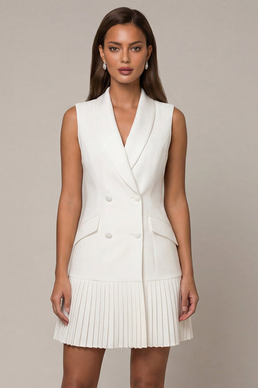 White Shawl Lapel Pleated A-Line Short Work Dress