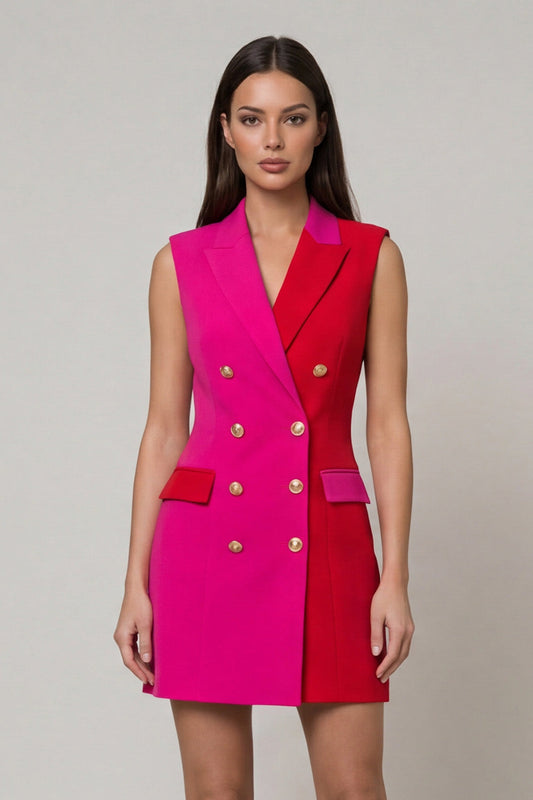Fuchsia and Red Peaked Lapel Double-breasted Sheath Work Dress