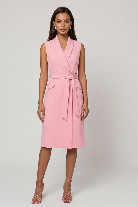 Robe de travail midi fourreau à revers châle rose avec ceinture