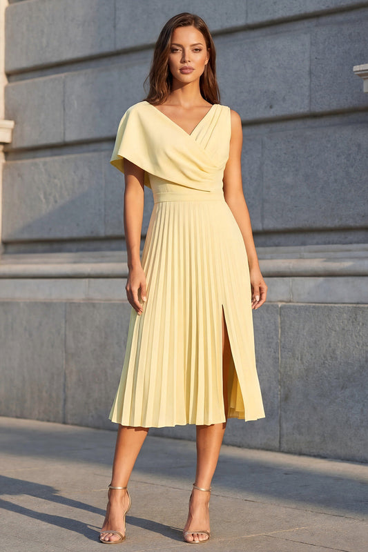 Yellow Asymmetrical Neck Pleated A Line Midi Work Dress