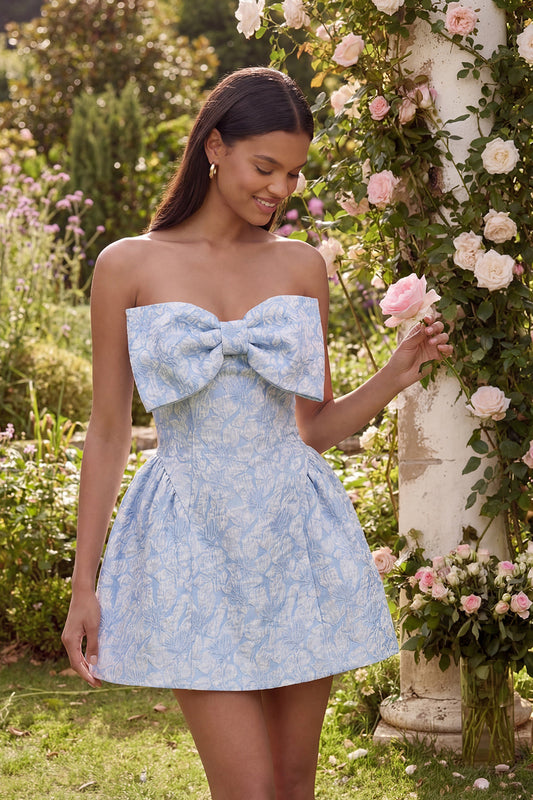 A-Line Blue Off the Shoulder Jacquard Mini Cocktail Party Dress With Bow