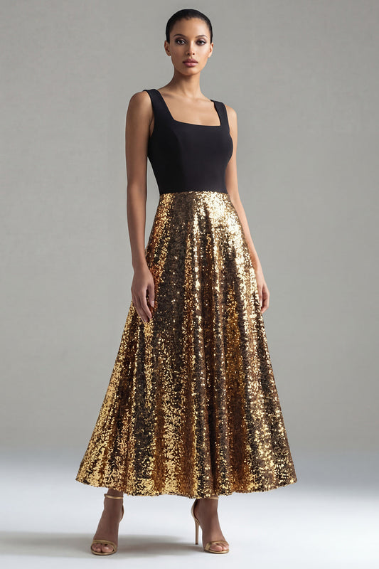 Vestido largo formal de lentejuelas negras y doradas con cuello cuadrado, corte A y brillante