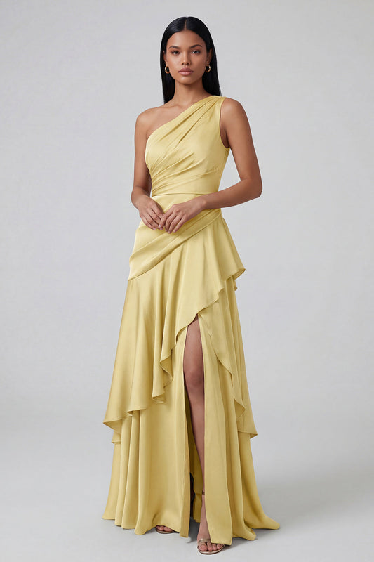 Yellow Ruffled A Line One Shoulder Long Formal Dress