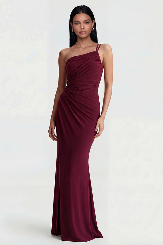 One Shoulder Burgundy Ruched Mermaid Formal Dress