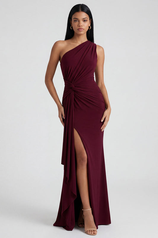 Burgundy Mermaid One Shoulder Ruched Formal Dress