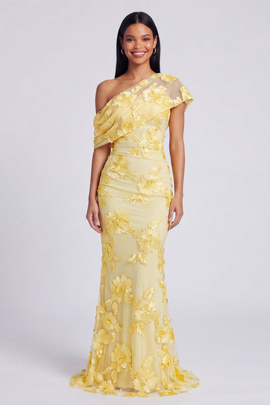 Yellow Mermaid Asymmetrical Neck Formal Dress with Floral Embroidery
