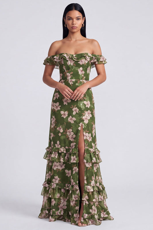Robe à volants étagés vert foncé à épaules dénudées avec fente et imprimé floral