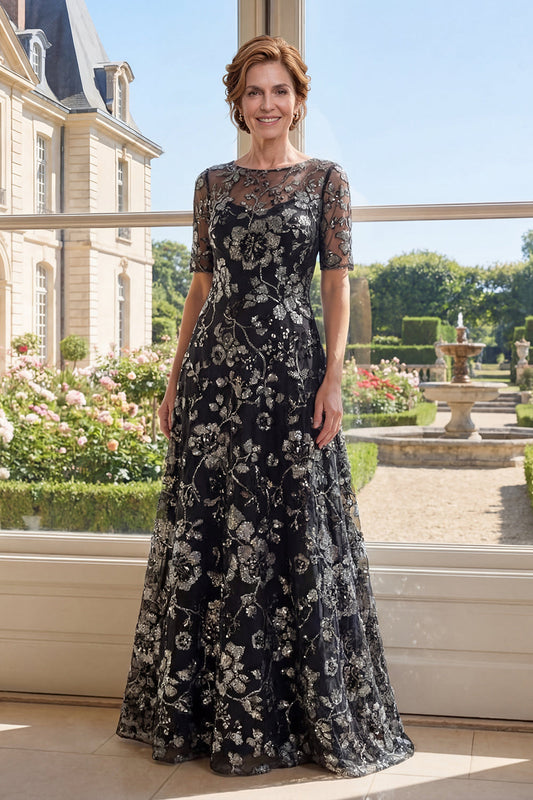 A-Line Black Tulle Bateau Neck Sequined Mother Of the Bride Dress