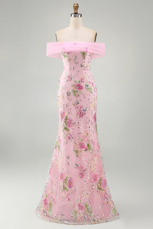 Off the Shoulder Pink Mermaid Floral Long Prom Dress with Beading