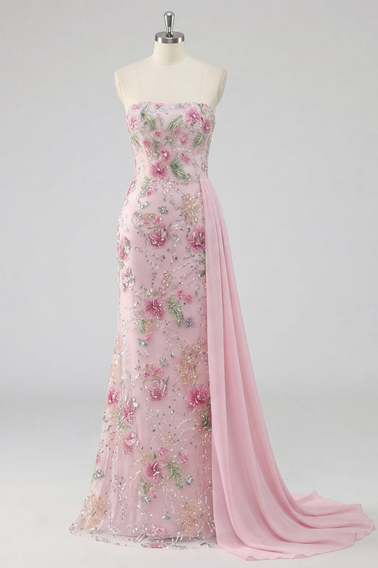 Robe de bal longue sirène rose sans bretelles perlée florale avec ceinture