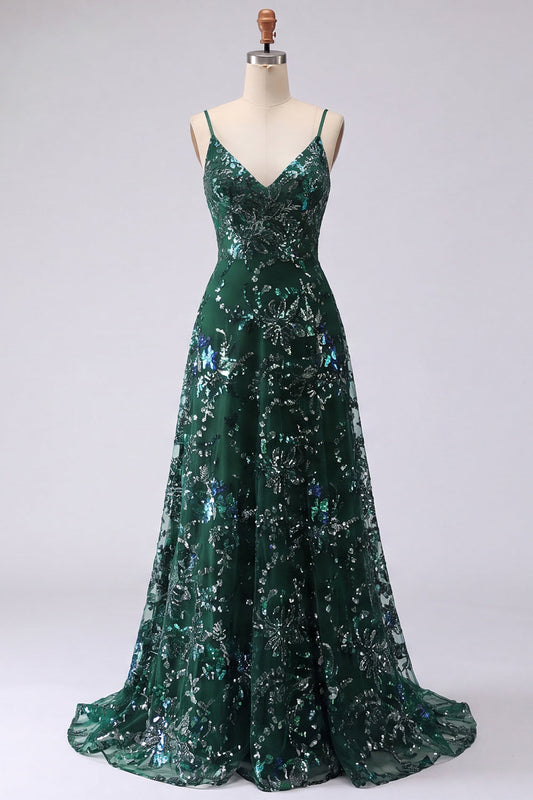 Robe de bal longue verte foncée, trapèze, à bretelles spaghetti, avec paillettes