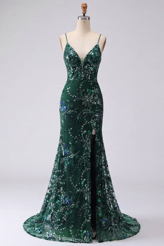 Robe longue de bal à fines bretelles et paillettes vert foncé scintillant de sirène avec fente