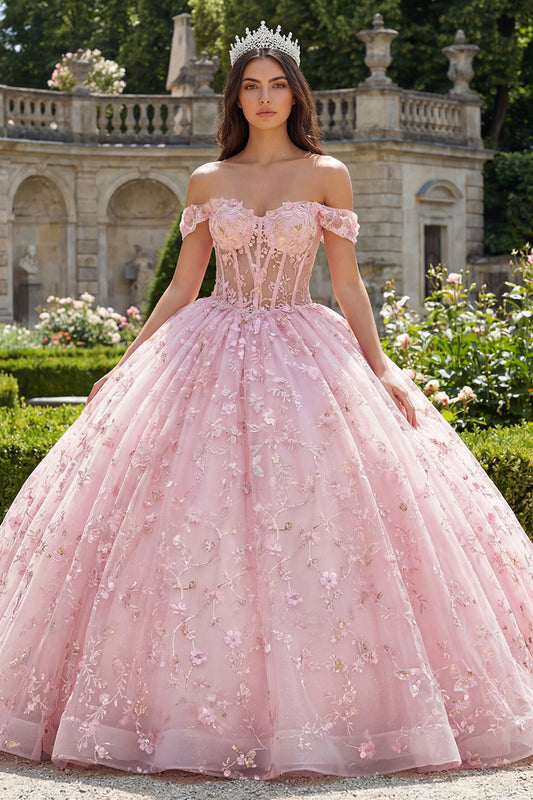 Vestido de Quinceañera con Corsé Rosado sin Hombros y Apliques de Bola