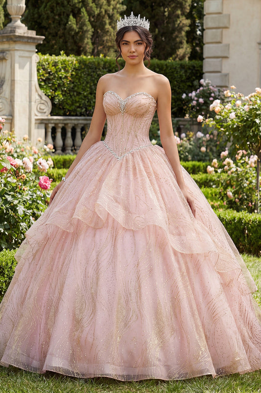 Strapless Ball Gown Beaded Ruffled Pink Quinceanera Dress