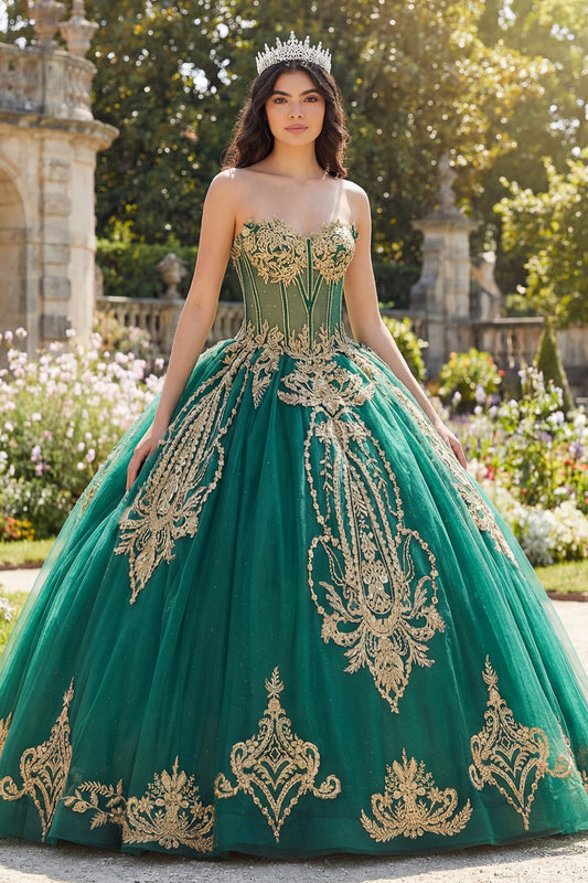 Vestido de Quinceañera con Corsé Verde sin Tirantes y Apliques