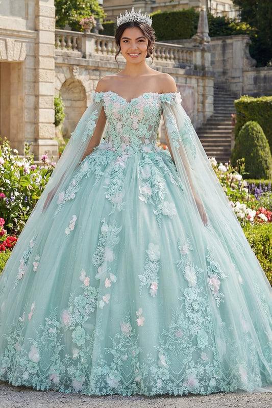 Robe de bal de quinceañera verte avec appliques, épaules dénudées et manches cape