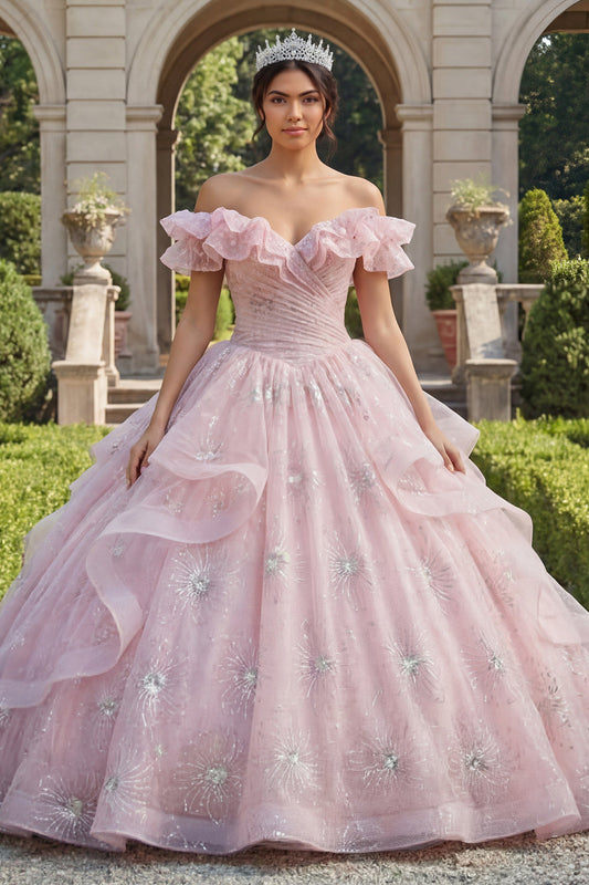 Off the Shoulder Pink Glitter Ruffled Ball Gown Quinceanera Dress