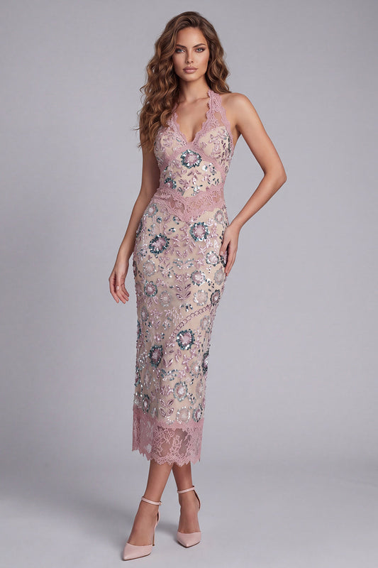 Robe longue fourreau habillée col nu perlé brillant à fleurs avec dentelle