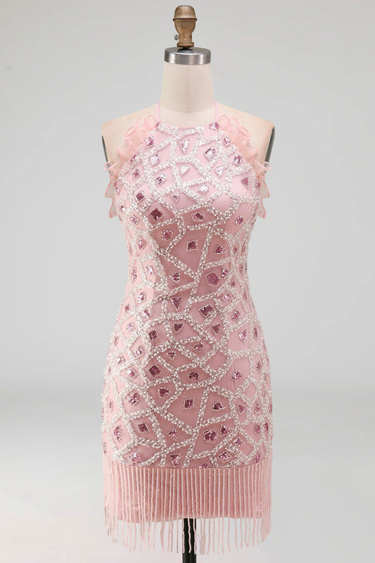 Robe de cocktail courte à volants et licou, ornée de perles, avec franges et effet scintillant