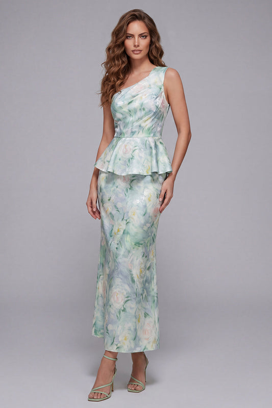 Robe de soirée sirène asymétrique fleurie vert clair