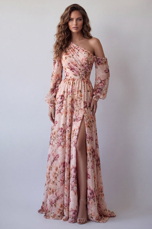 Robe longue rose à fleurs à manches longues et coupe trapèze avec fente et épaule dénudée