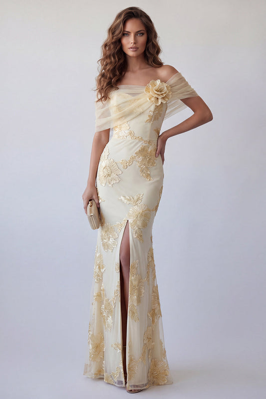 Off The Shoulder Light Yellow Embroidered Mermaid Formal Dress