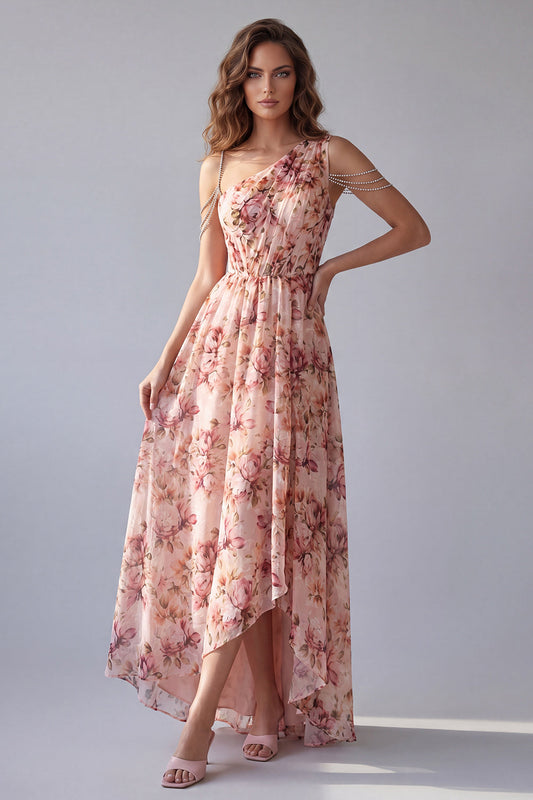 Robe de soirée asymétrique rose à fleurs coupe trapèze
