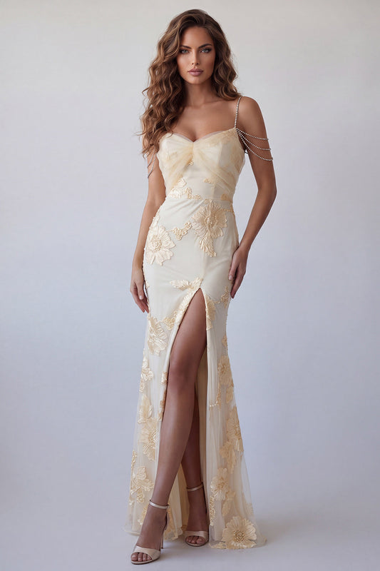 Light Yellow Floral Mermaid Formal Dress with Rhinestone Chain Straps