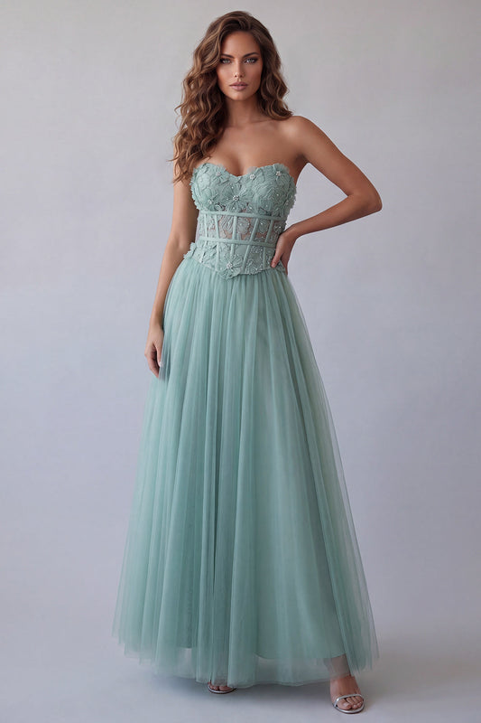 Robe de soirée sans bretelles verte corset ligne A en tulle avec appliques