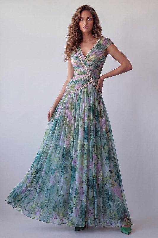 Chiffon Dusty Sage A-Line V-Neck Ruched Long Formal Dress