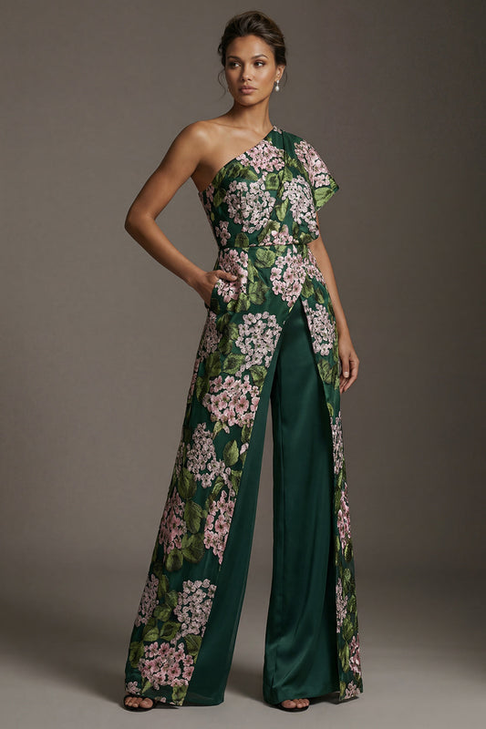 Combinaison longue vert foncé à imprimé floral et une épaule avec poches pour mère de la mariée