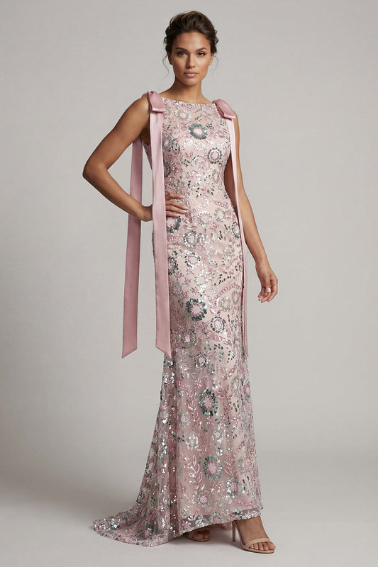 Longue robe de soirée rose sirène scintillante à encolure bateau perlée avec nœuds pour la mère de la mariée