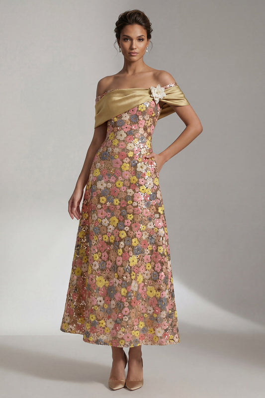 Robe de mère de la mariée longue ligne A jaune pailletée, épaules dénudées, avec fleurs 3D